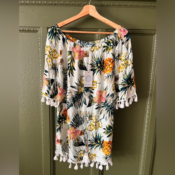 Blue Island Womens Multicolor Tropical Off The Shoulder Top Tasseled Tie Size M - Picture 1 of 3
